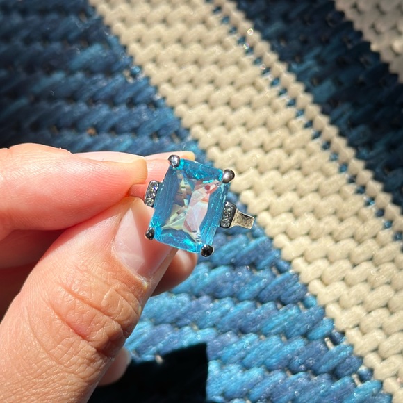 Silver 925 Plated Rectangle Aquamarine Ring - Picture 5 of 10